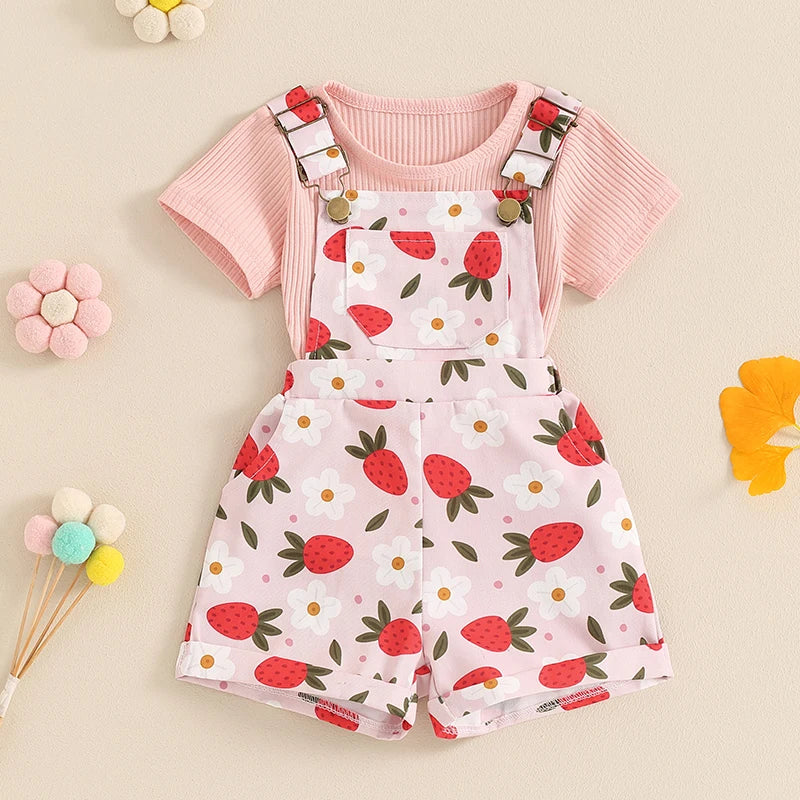 Lioraitiin Toddler Girl Summer Outfit Solid Color Ribbed Short Sleeve Top and Flower Print Suspender Shorts 2 Piece Set