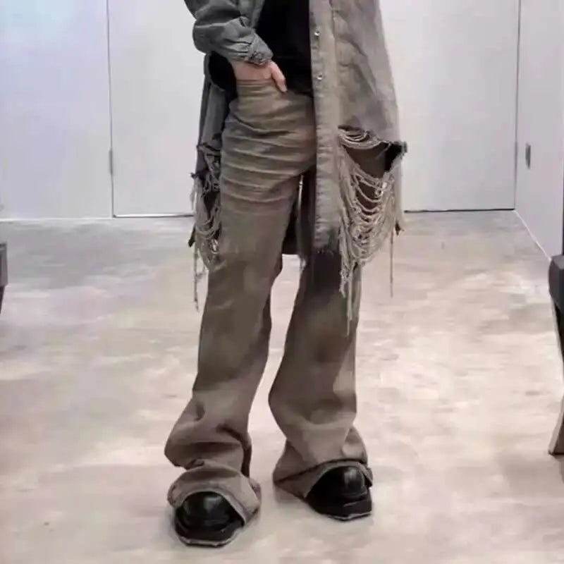 PFNW Wrinkled Design Vintage Male Jeans High Street Full Length Washed Wide Leg Pants Trendy Boot Cut Men's Trousers New 28W4545