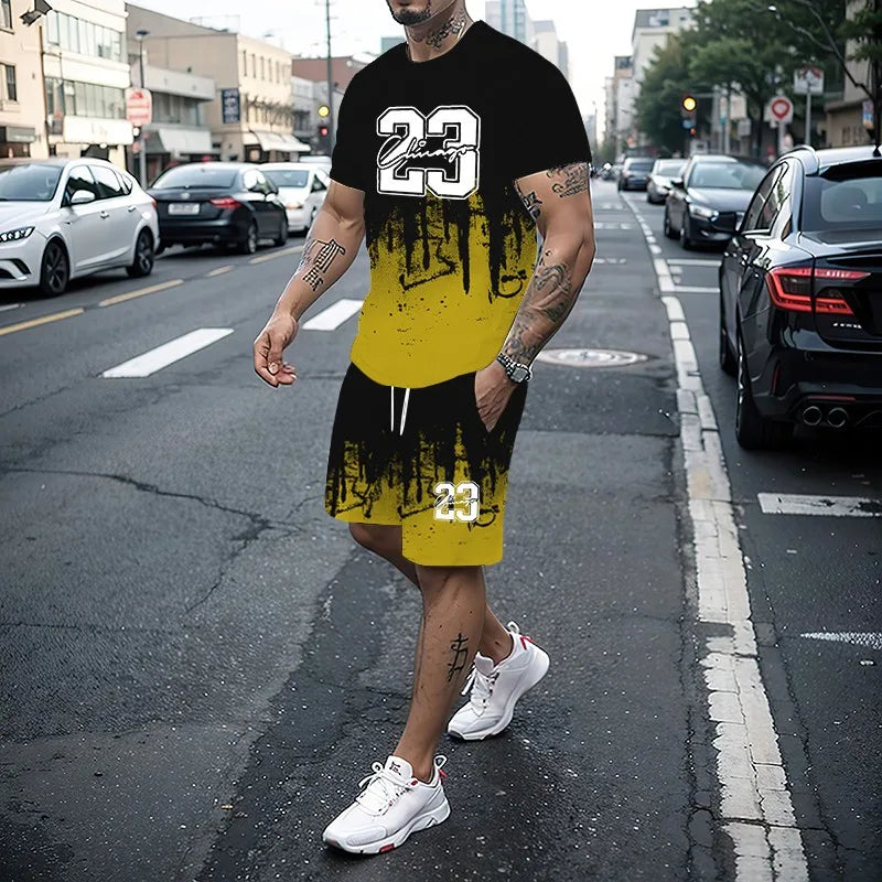 Men's Summer Fashion 3D Printed T-Shirt and Shorts Set Casual Two-Piece Outfit