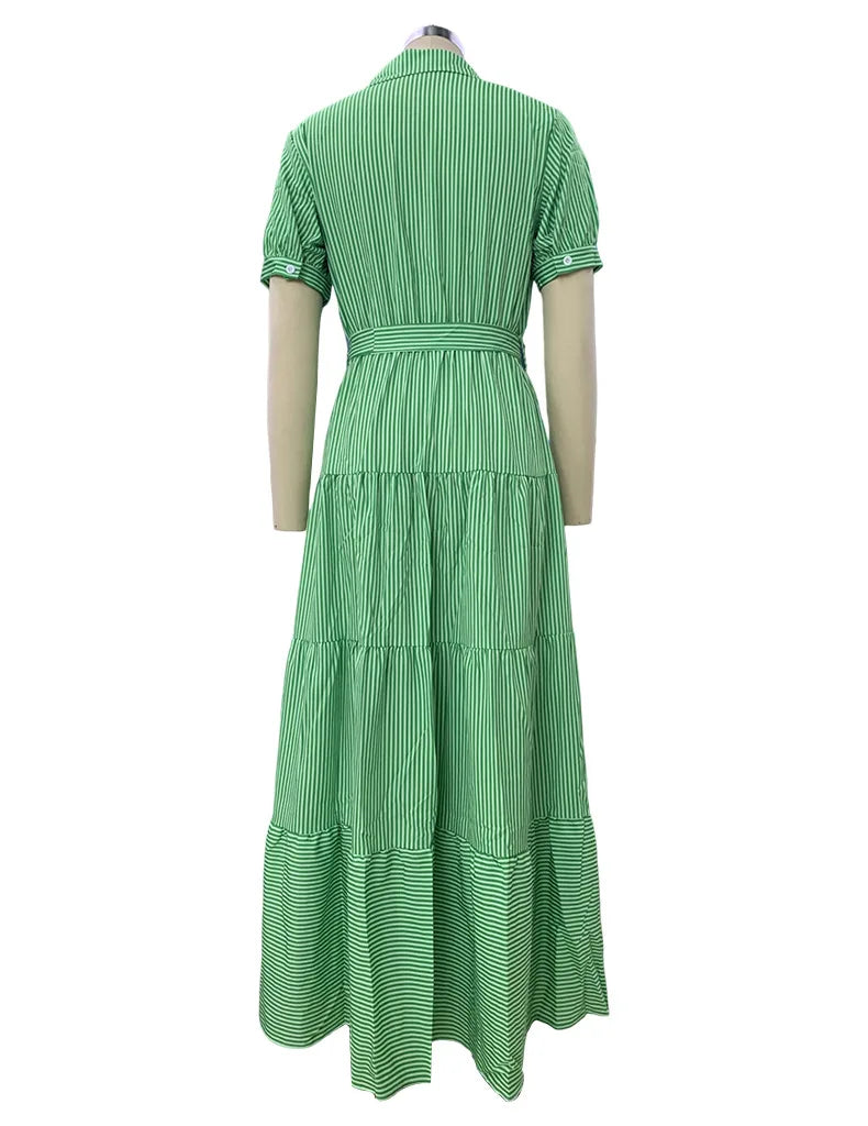 Women's New Fashion Stripe Printed Short Sleeve Loose Waist Strap Long Collar Ankle Single Breasted Dress