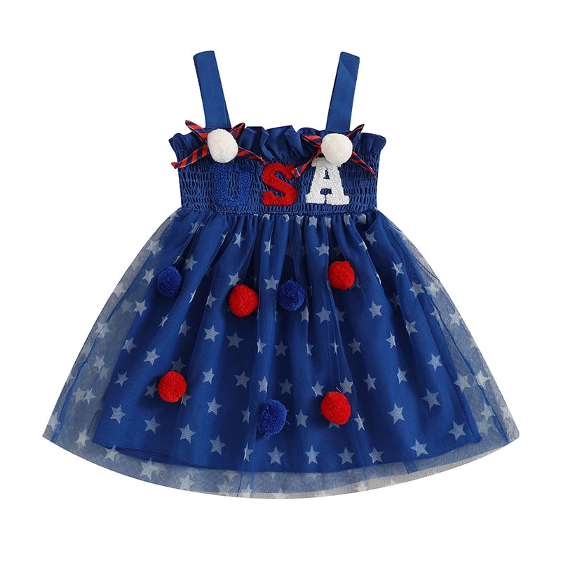 Pudcoco Little Girl 4th Of July Dress Star Print Plush Ball Sleeveless Smocked A-Line Dress For Spring Summer 6M-4T