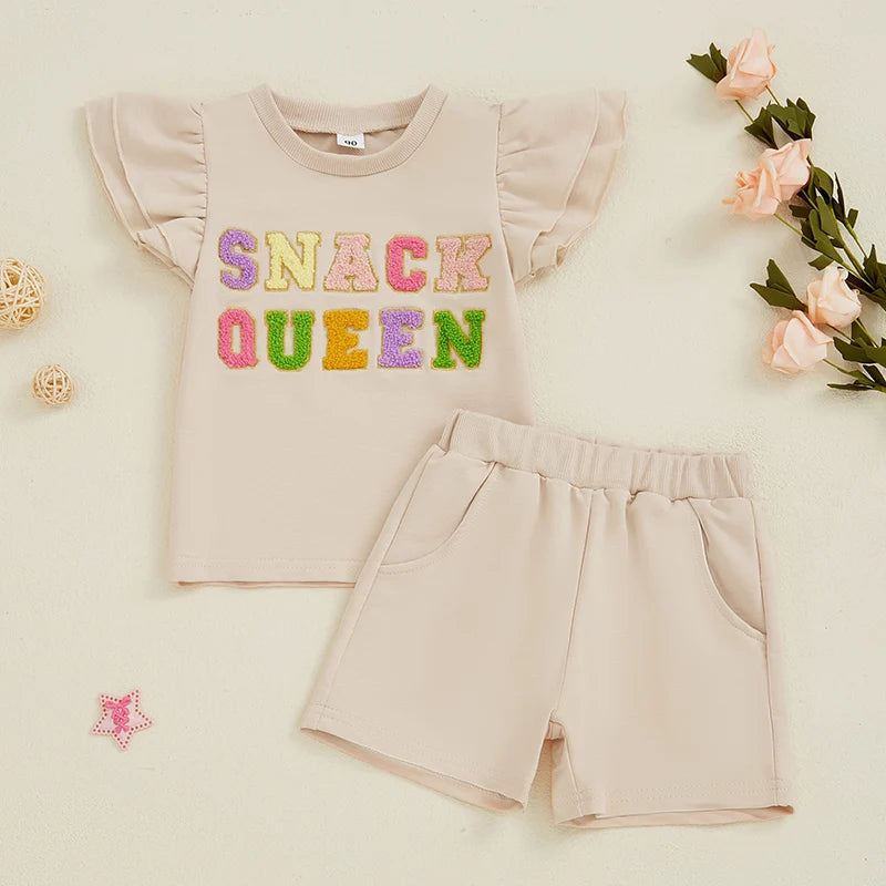Lioraitiin Baby Girls Summer Outfits Short Sleeve O Neck Letter Embroidery Tops Solid Color Shorts Sets 1-3 Years