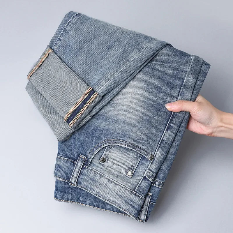 2024 Men's Fashionable Simple Stretch Slim Fit Denim Trousers European Style High Quality Casual Pants