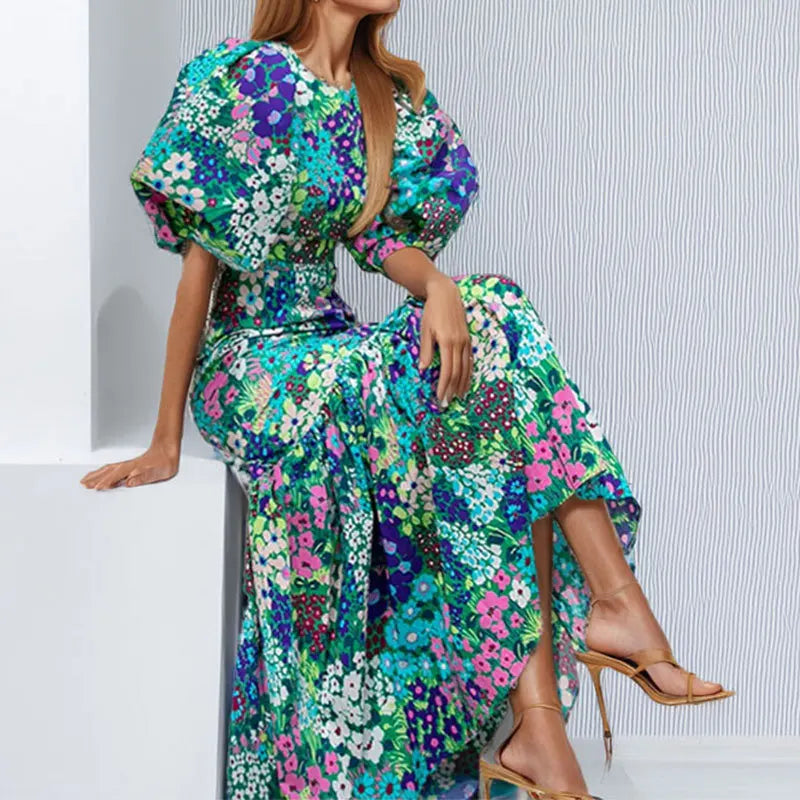 Elegant Blue Flower Print Lantern Sleeve And Ankle Fishtail Dress 2023 Summer Slim Bodycon O-neck Pastoral Style Party Dress