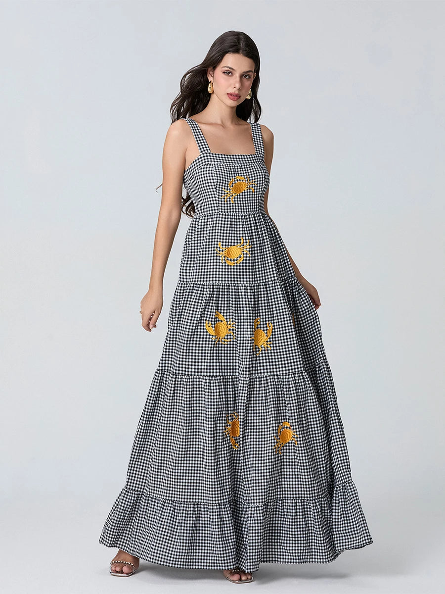 Women’s Boho Floral Print Spaghetti Strap Maxi Dress V Neck Sleeveless Summer Beach Dress with Tiered Skirt and Embroidery