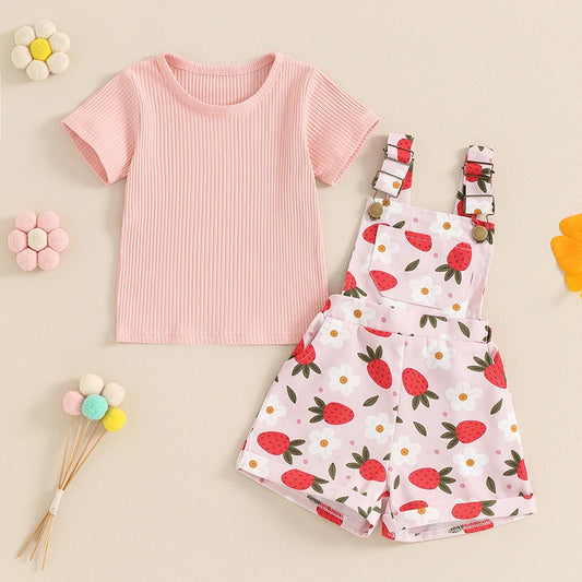 Lioraitiin Toddler Girl Summer Outfit Solid Color Ribbed Short Sleeve Top and Flower Print Suspender Shorts 2 Piece Set