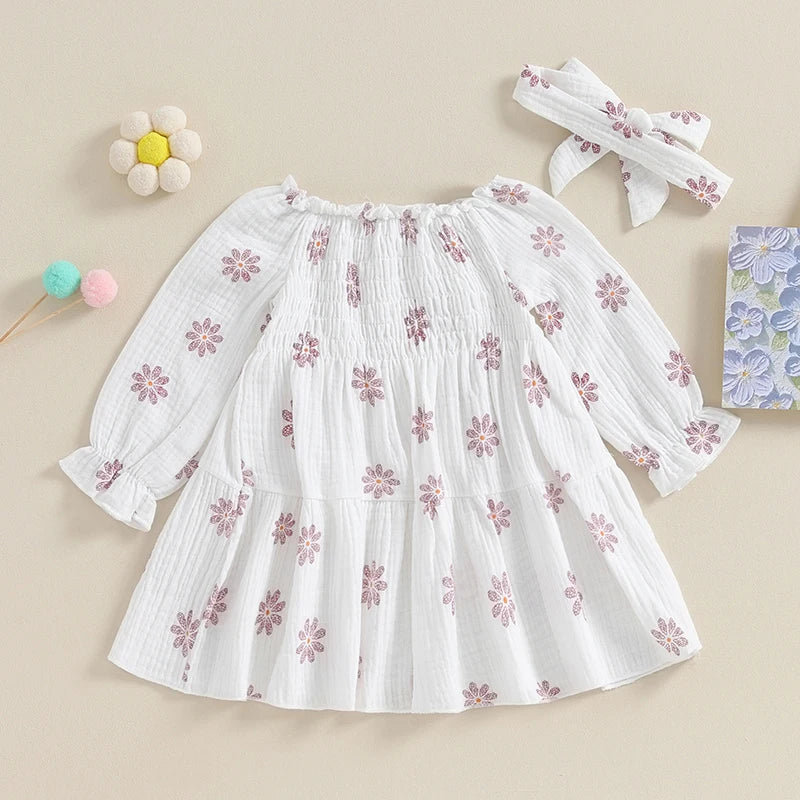Spring Baby Girl Floral Print Off Shoulder Long Sleeve Dress with Headband