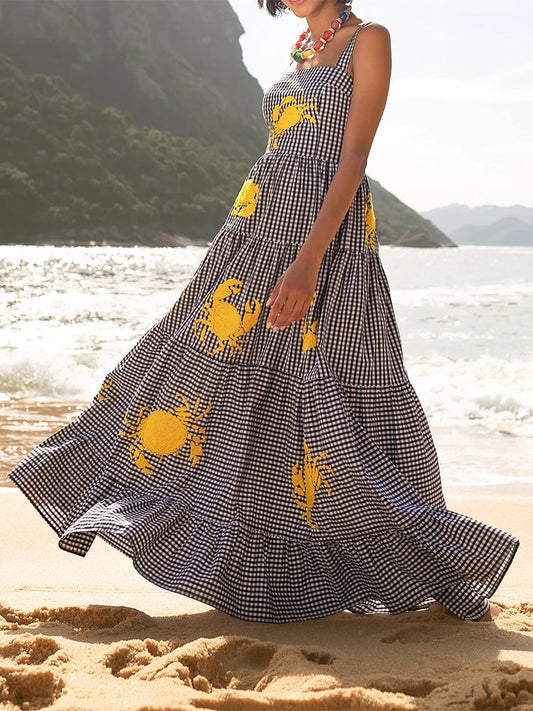 Women’s Boho Floral Print Spaghetti Strap Maxi Dress V Neck Sleeveless Summer Beach Dress with Tiered Skirt and Embroidery