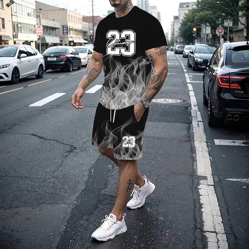 Men's Summer Fashion 3D Printed T-Shirt and Shorts Set Casual Two-Piece Outfit