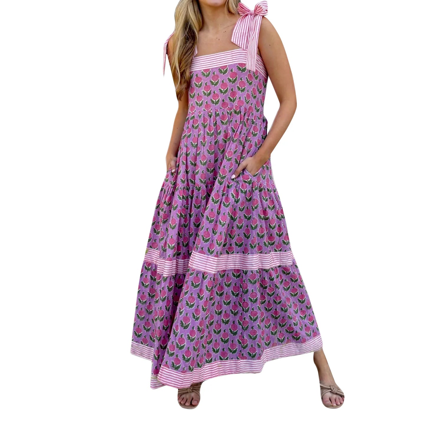 Elegant Maxi Dress with Boho Floral Print and Adjustable Tie Up Straps Sleeveless Summer Fashion Cami Dress for Women