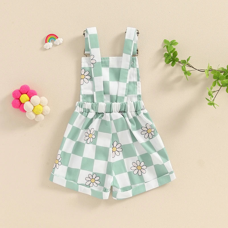 Lioraitiin Toddler Baby Girl Checkerboard Floral Print Summer Sleeveless Overalls Jumpsuit