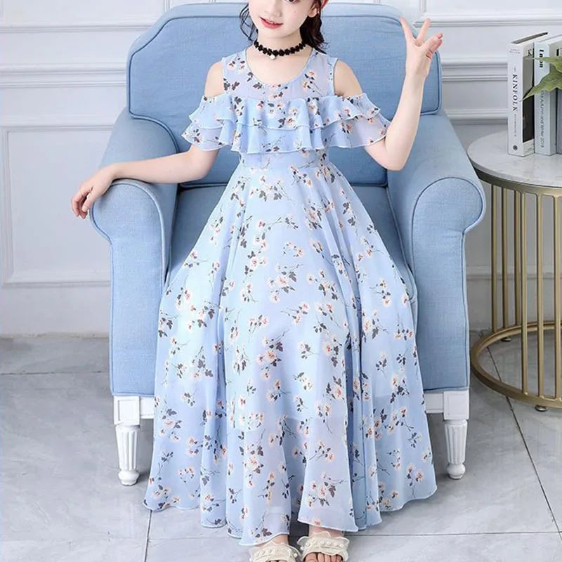Girls Sweet Flower Princess Dress Summer Puff Sleeve Floral Casual Dress Korean Fashion Children's Clothing