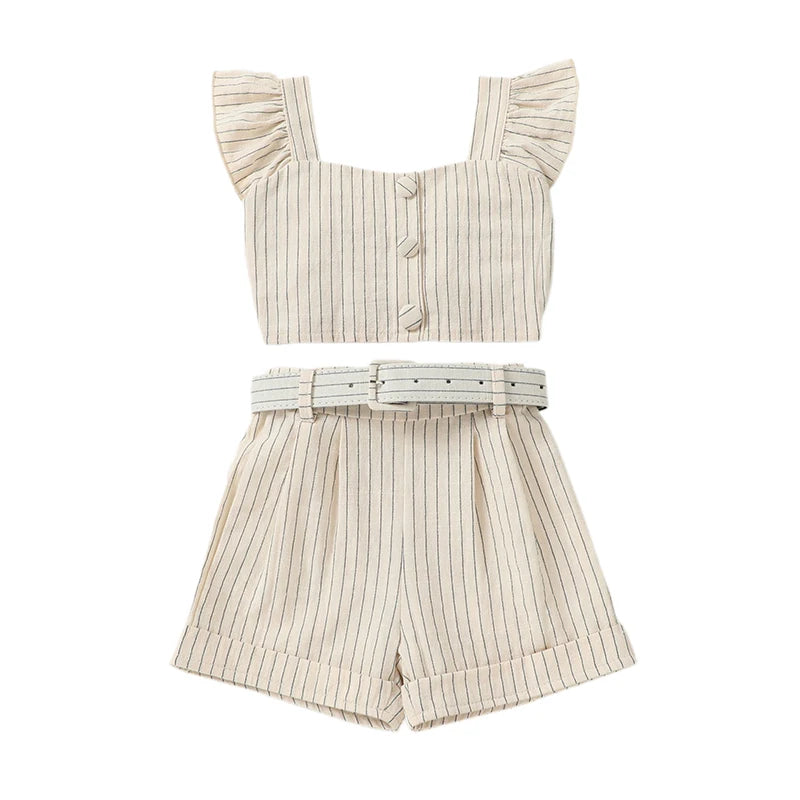 Lioraitiin Toddler Girl Summer Outfits Stripe Print Flutter Sleeve Tank Tops and Belted Shorts 2 Piece Set