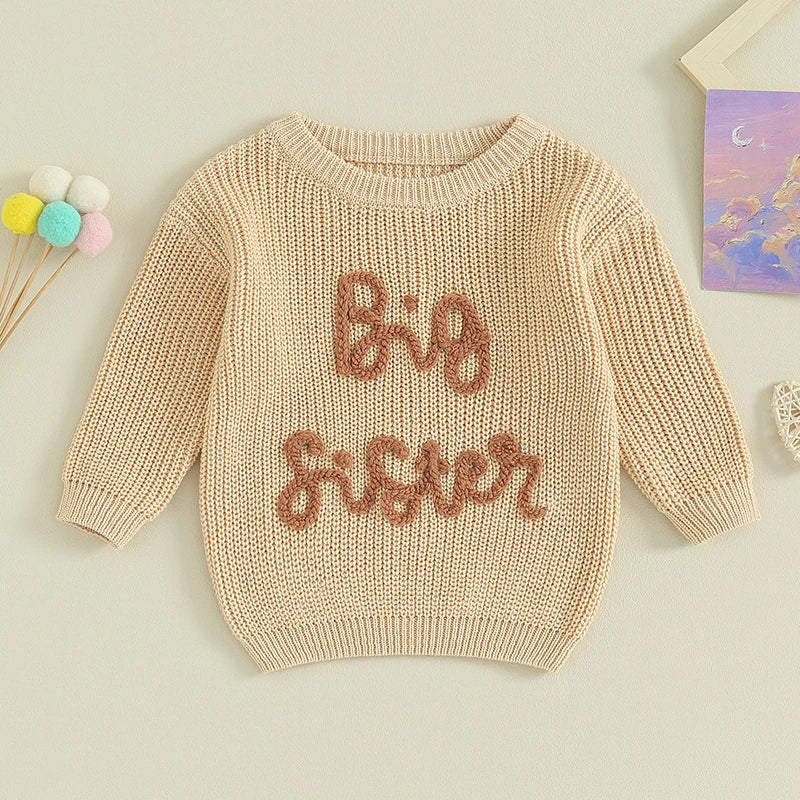 Lioraitiin Kids Girls Sweater with Letter Embroidery Crew Neck Long Sleeve Pullover for Fall Ages 18 Months to 5 Years