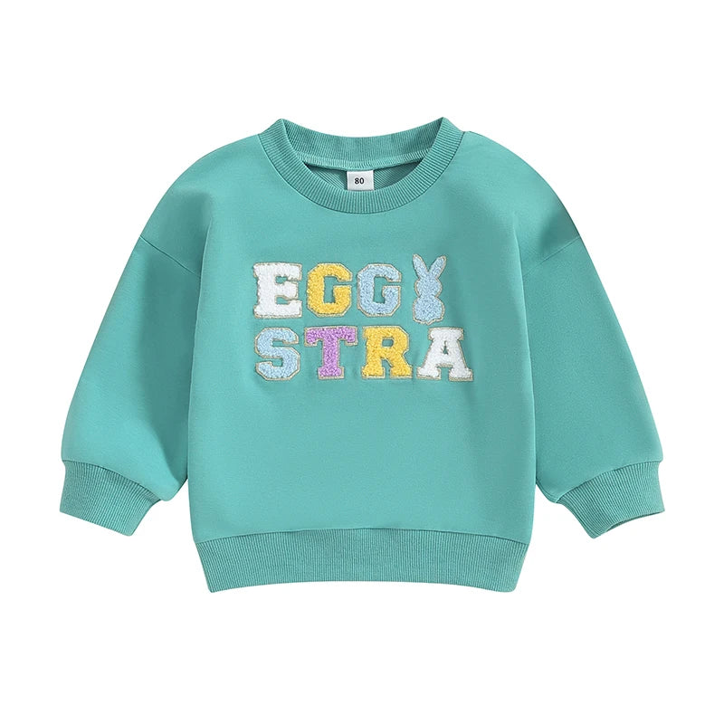 Lioraitiin 0-5 Years Toddler Kids Girls Boys Easter Rabbit Letter Fuzzy Embroidery Long Sleeve Sweatshirt Pullover Top