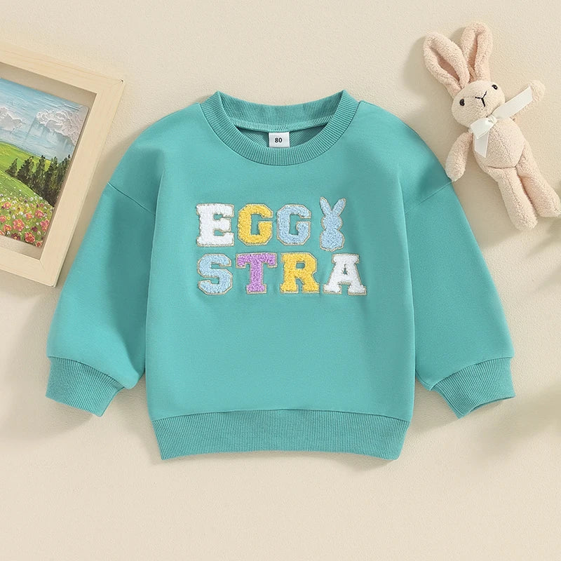 Lioraitiin 0-5 Years Toddler Kids Girls Boys Easter Rabbit Letter Fuzzy Embroidery Long Sleeve Sweatshirt Pullover Top