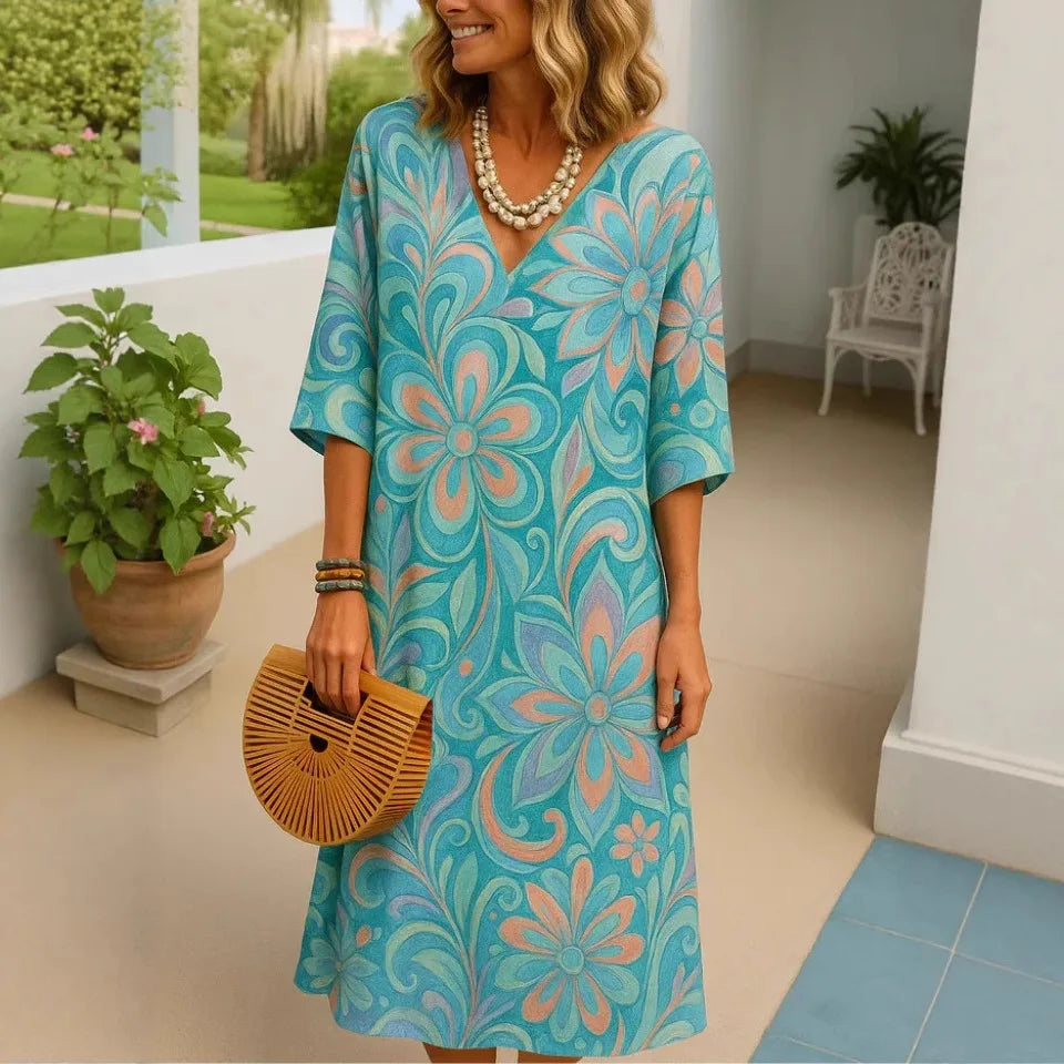 Women's Shirt Dress Summer Fashion Comfortable Casual V-neck Floral 3D Printed Sleeve Length Dress
