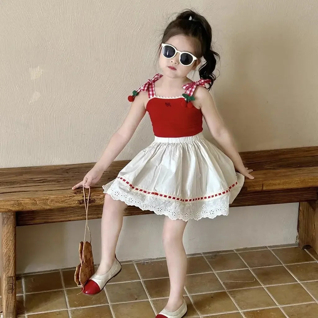 Children's Cherry Knit Halter Top and Skirt 2 Piece Set Toddler Girl Boutique Clothes