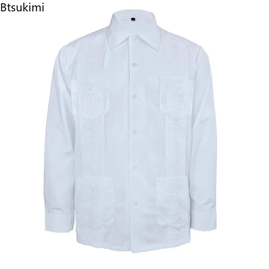 2025 Men's Cuban Guayabera Shirts Solid Long Sleeve Button Up Embroidery Dress Shirts Traditional Casual Four Pockets Tops