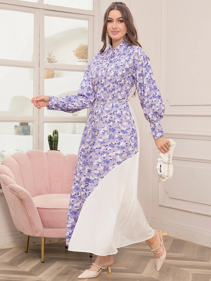 Elegant Floral Print High Neck Contrast Color Belted Shirt Sleeve Long Dress - Women's Fashion Slim Fit Maxi Dress for Spring
