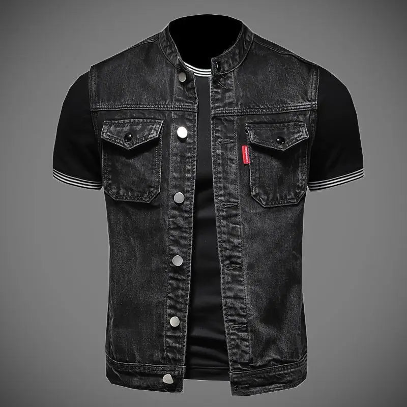 2024 New Men's Denim Jacket Motorcycle Vest Retro Fashion Casual Versatile Riding Clothes