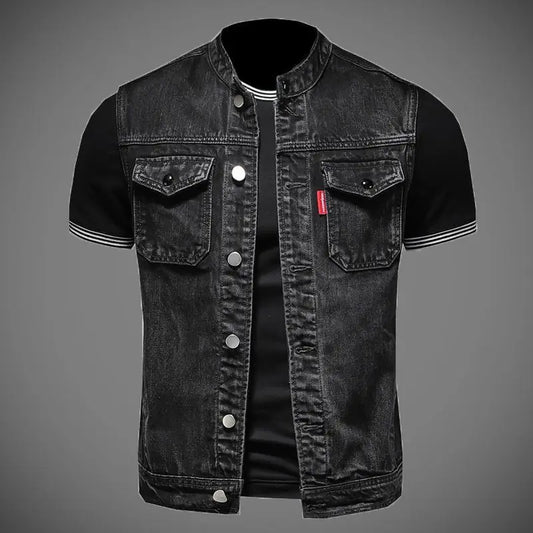 2024 New Men's Denim Jacket Motorcycle Vest Retro Fashion Casual Versatile Riding Clothes