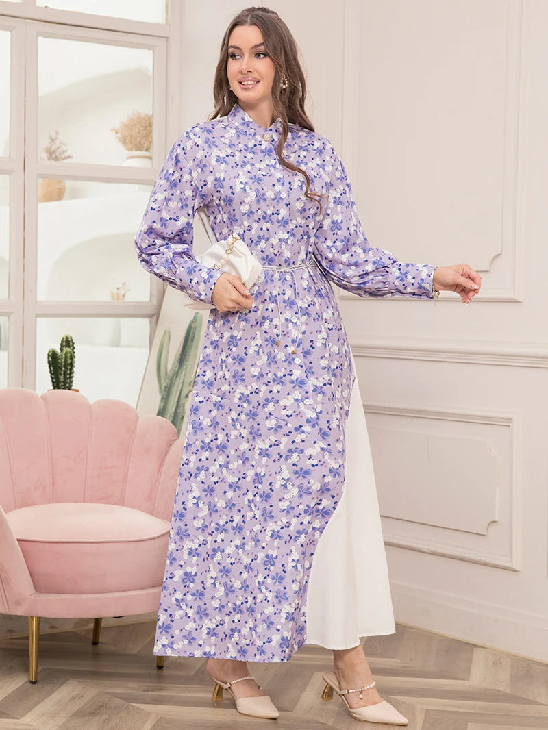 Elegant Floral Print High Neck Contrast Color Belted Shirt Sleeve Long Dress - Women's Fashion Slim Fit Maxi Dress for Spring