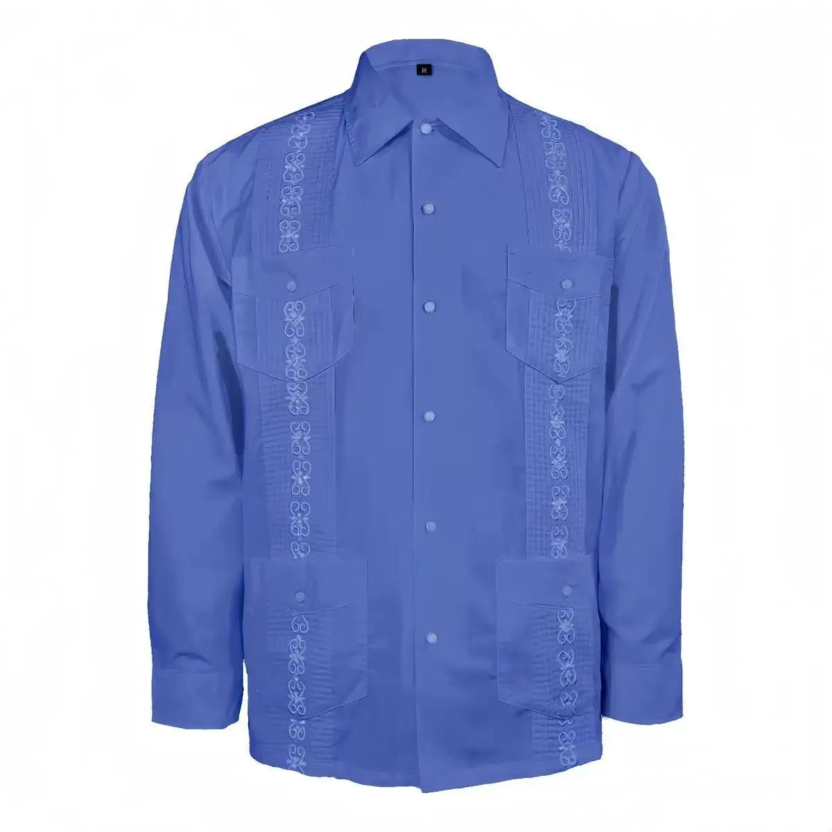 2025 Men's Cuban Guayabera Shirts Solid Long Sleeve Button Up Embroidery Dress Shirts Traditional Casual Four Pockets Tops