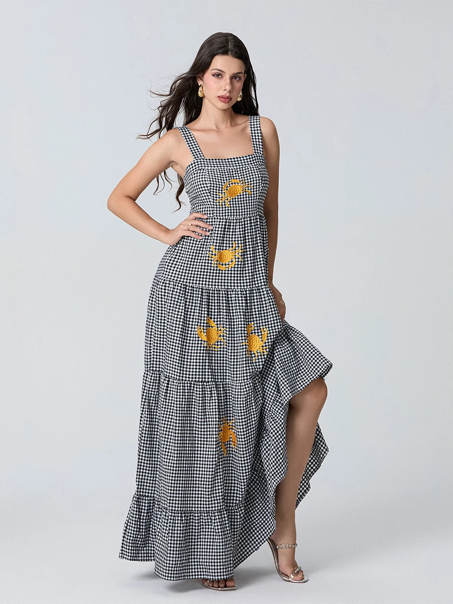 Women’s Boho Floral Print Spaghetti Strap Maxi Dress V Neck Sleeveless Summer Beach Dress with Tiered Skirt and Embroidery