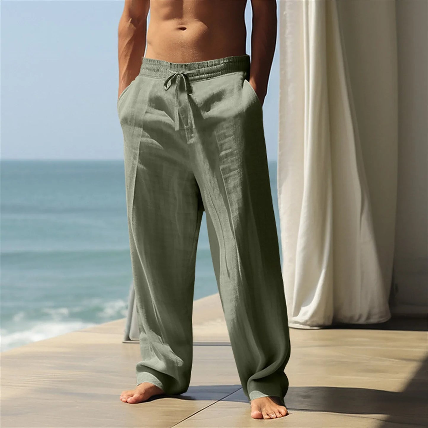 Loose Men's Cotton Linen Pants Summer Breathable Solid Color Trousers Fitness Streetwear Plus Size