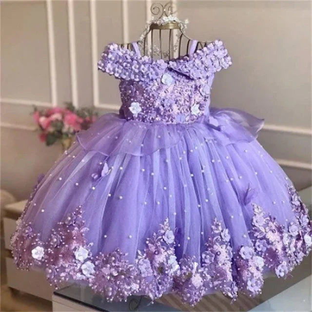 Luxury Baby Girl Birthday Dress with Lace and Pearls Infant Applique Princess Flower Girl Long Christmas Prom Ball Gown