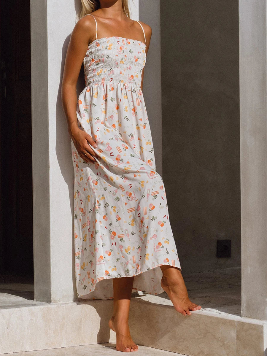 Elegant Maxi Dress with Boho Floral Print Adjustable Spaghetti Straps and Flowy Silhouette for Summer Beach Wedding