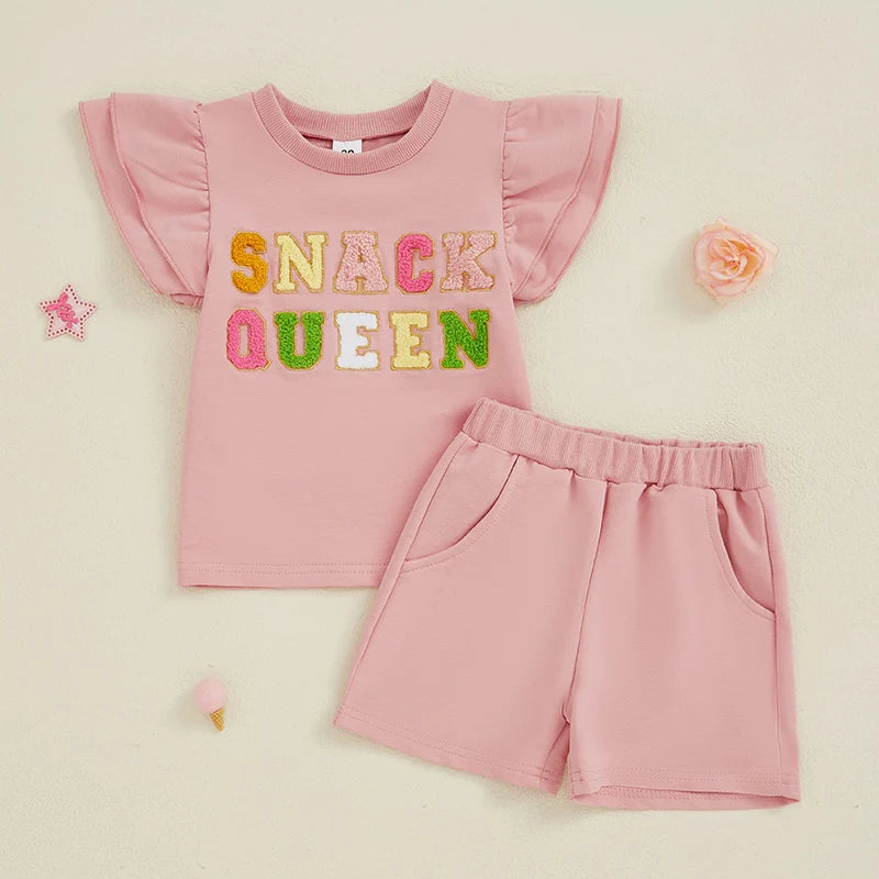Lioraitiin Baby Girls Summer Outfits Short Sleeve O Neck Letter Embroidery Tops Solid Color Shorts Sets 1-3 Years