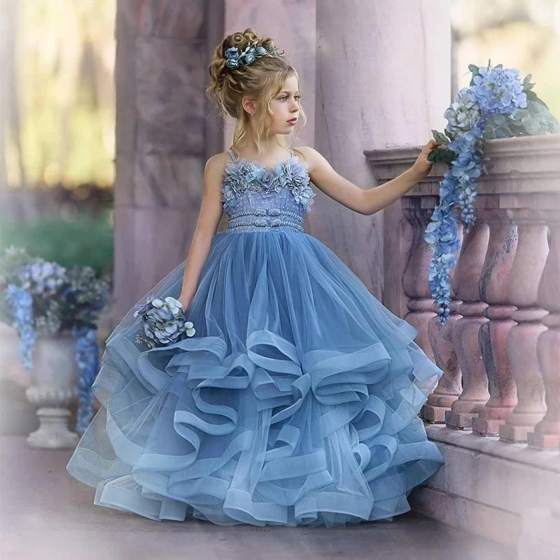Formal Lace Appliques Shiny Princess Flower Girl Dress Floor Length Pleat Spaghetti Strap Luxury Full Ball Gown
