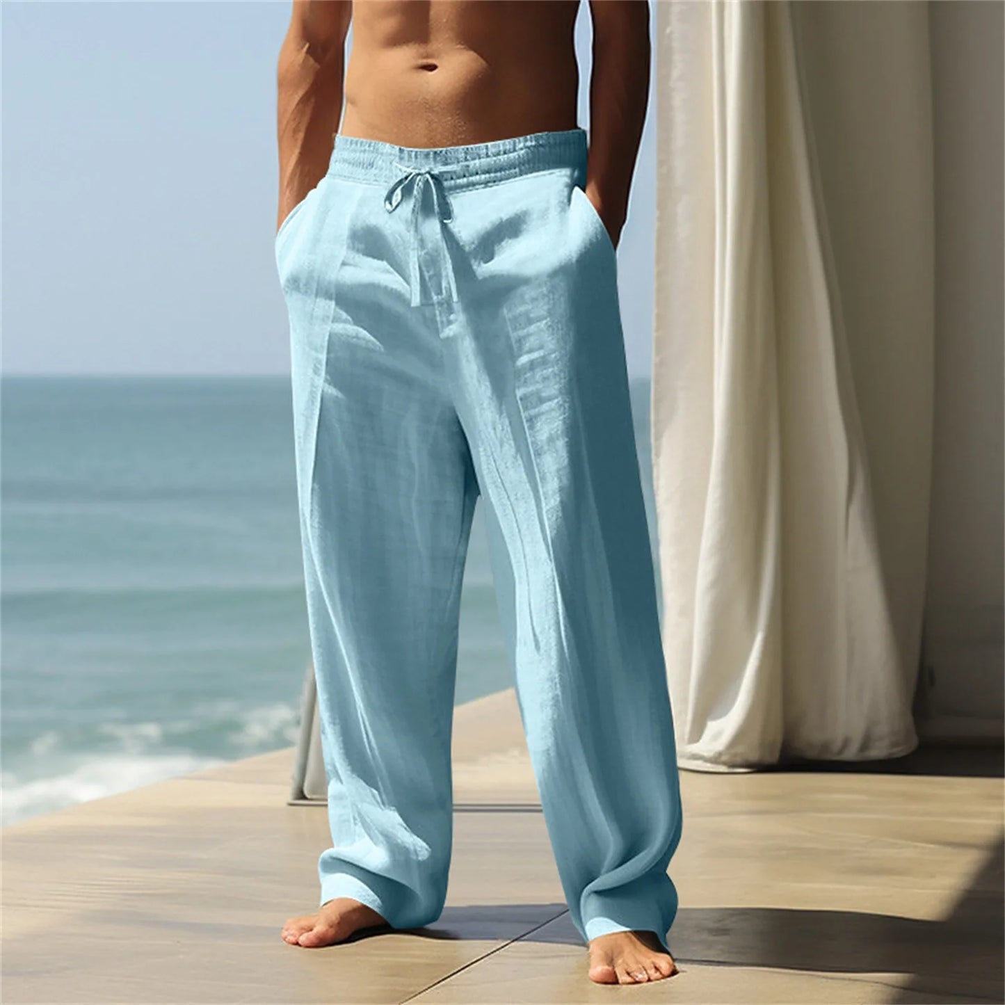 Loose Men's Cotton Linen Pants Summer Breathable Solid Color Trousers Fitness Streetwear Plus Size