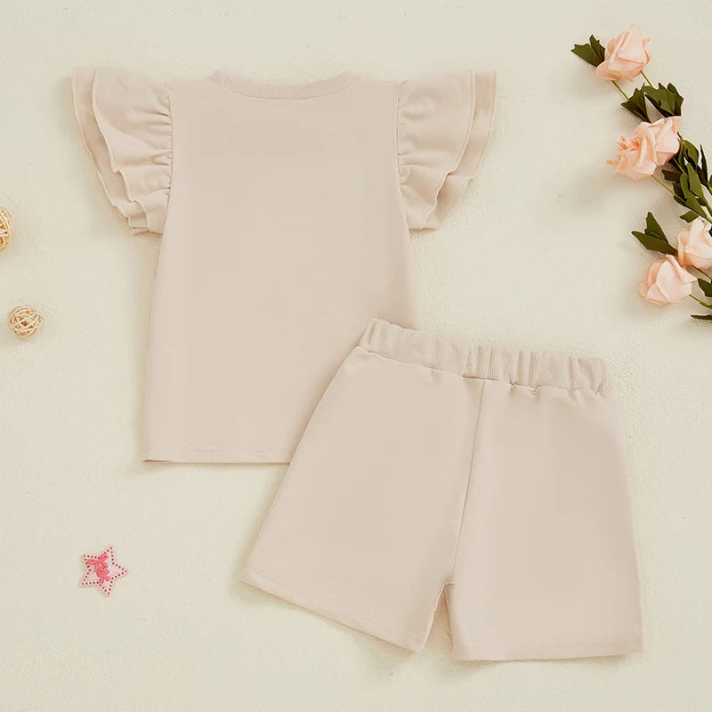 Lioraitiin Baby Girls Summer Outfits Short Sleeve O Neck Letter Embroidery Tops Solid Color Shorts Sets 1-3 Years