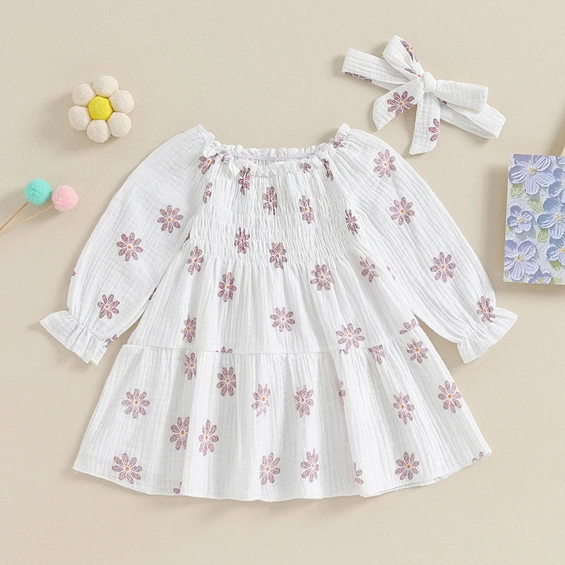 Spring Baby Girl Floral Print Off Shoulder Long Sleeve Dress with Headband