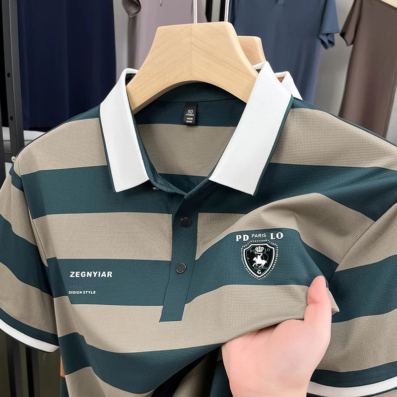 High End Fashion Striped Men's Short Sleeve Polo Shirt Summer New Brand Emblem Embossed Korean Style Comfort Casual Lapel T-Shirt