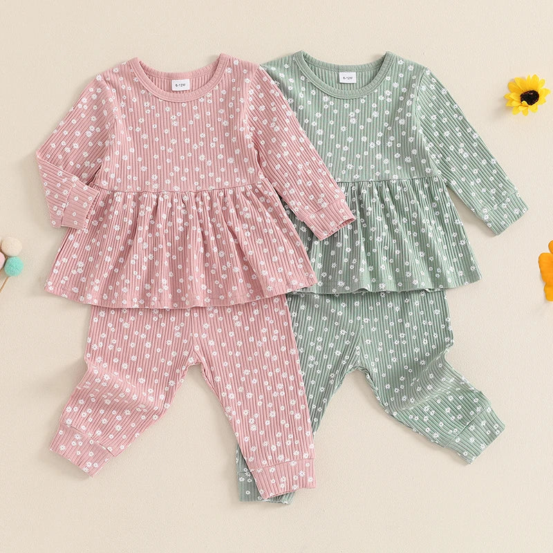 Lioraitiin Toddler Girl Fall Outfits 2Pcs Set Floral Print Long Sleeve Top and Elastic Waist Long Pants 1-5Y