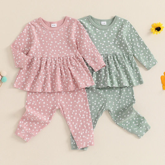 Lioraitiin Toddler Girl Fall Outfits 2Pcs Set Floral Print Long Sleeve Top and Elastic Waist Long Pants 1-5Y