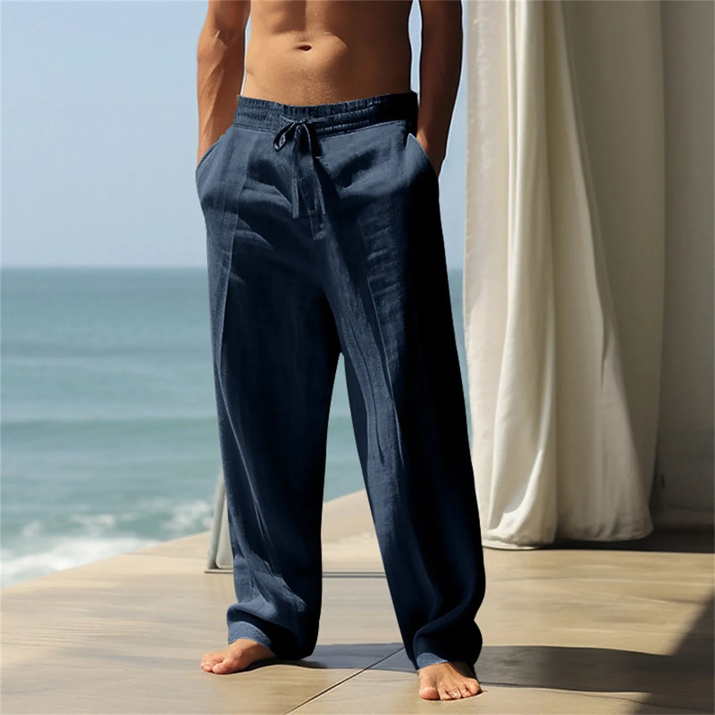 Loose Men's Cotton Linen Pants Summer Breathable Solid Color Trousers Fitness Streetwear Plus Size