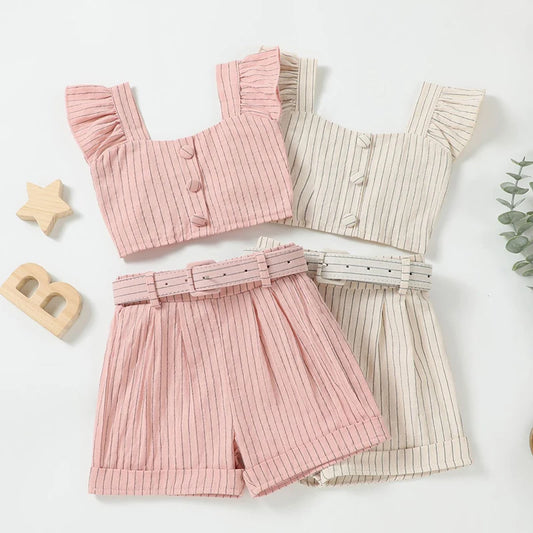 Lioraitiin Toddler Girl Summer Outfits Stripe Print Flutter Sleeve Tank Tops and Belted Shorts 2 Piece Set
