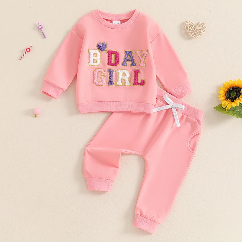 Lioraitiin Baby Girl 2 Pieces Birthday Outfit Long Sleeve Letter Embroidery Pullover and Pants Set Toddler Fall Clothes