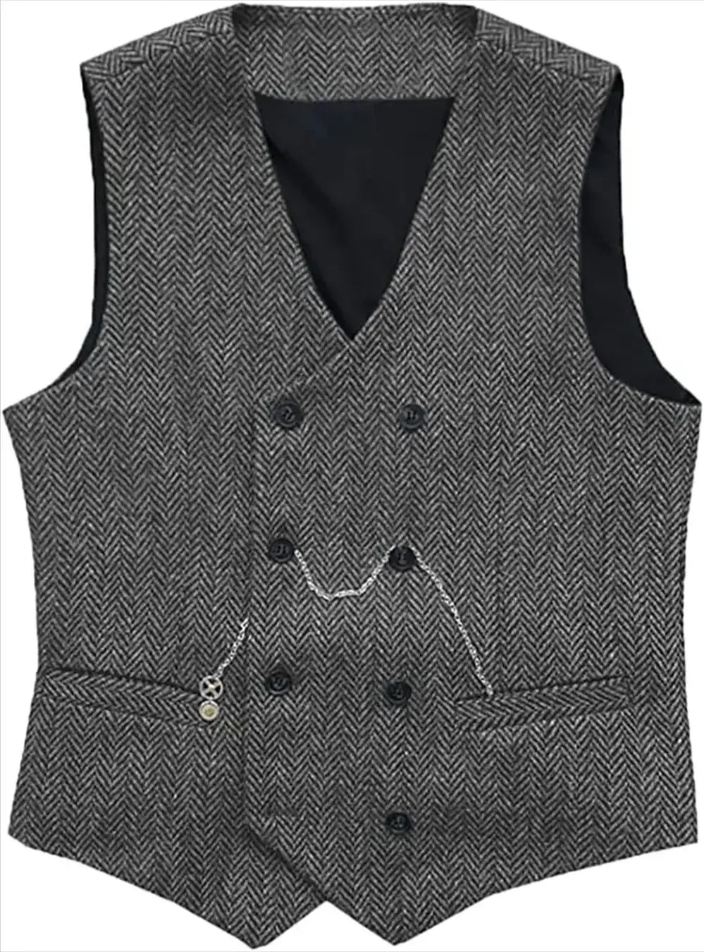 V Neck Men's Suit Vests Herringbone Wool Tweed Double Breasted Waistcoat Tuxedo Groomsmen Wedding Groom One Piece Vest