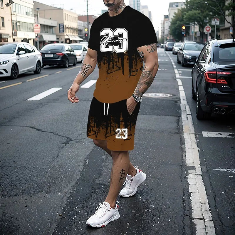 Men's Summer Fashion 3D Printed T-Shirt and Shorts Set Casual Two-Piece Outfit