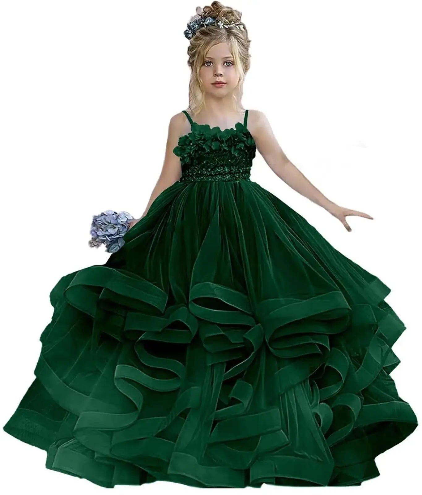 Formal Lace Appliques Shiny Princess Flower Girl Dress Floor Length Pleat Spaghetti Strap Luxury Full Ball Gown