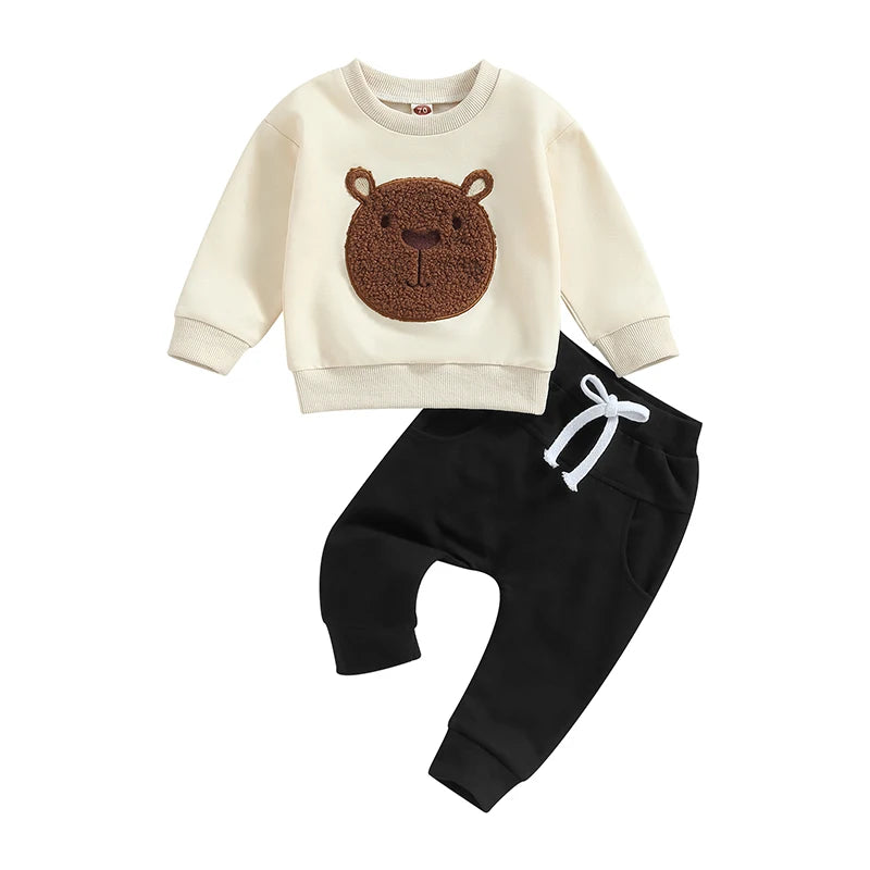 Lioraitiin Toddler Baby Boy Girl 2Pcs Fall Outfits Long Sleeve Bear Embroidery Tops Pocket Pants Set 0-3 Years