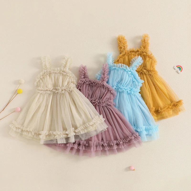 Lioraitiin Toddler Girl Summer Tulle Dress Solid Color Sleeveless Casual Mesh Ruffled A Line Dress for Ages 1 to 3 Years