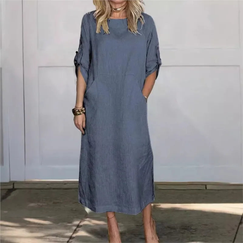 Women's Spring Solid Color Linen Dress Big Pocket Splic Short Sleeve Elegant Dress Summer Casual Long Dresses Daily Comfy Robe