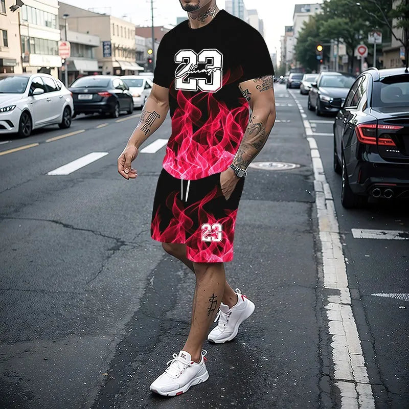 Men's Summer Fashion 3D Printed T-Shirt and Shorts Set Casual Two-Piece Outfit